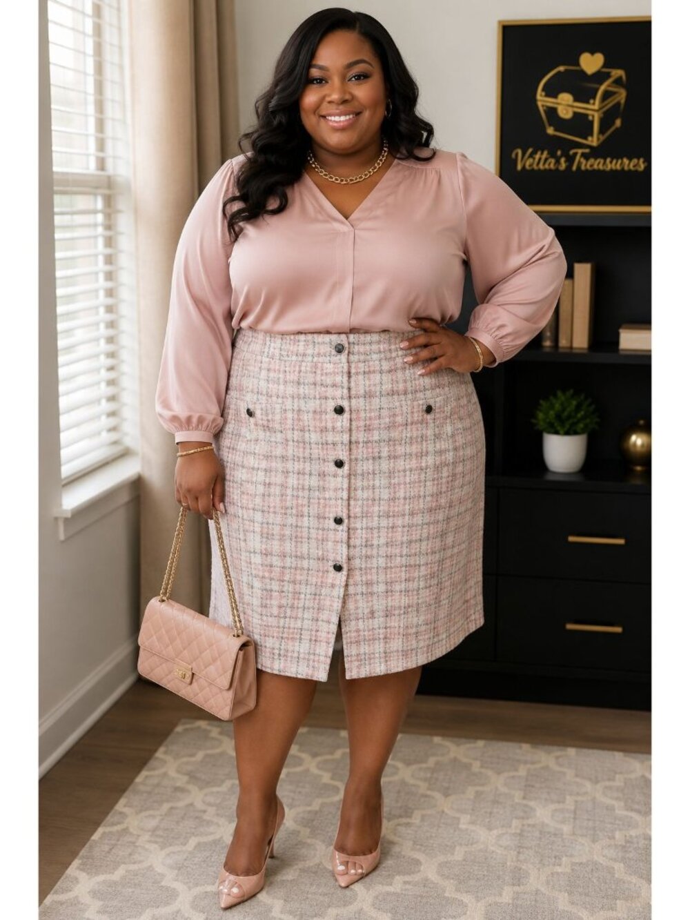 Catherines Plus Size 26/28W Skirt Tweed Button Accent Pink Plaid Pull-On - Picture 10 of 10